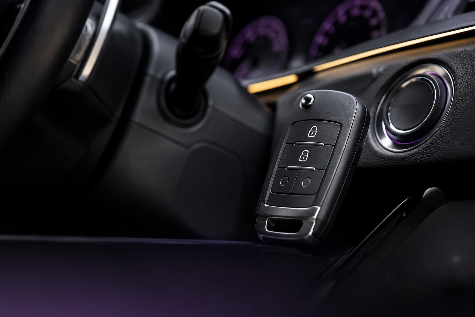 Modern vehicle key fob beside a car ignition and interior controls