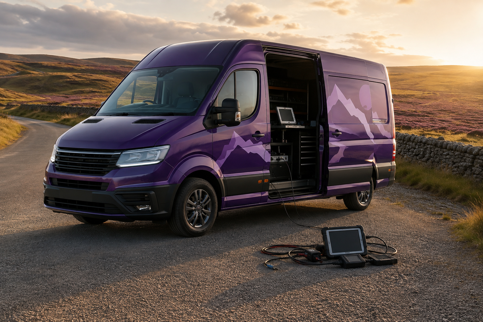 Deep-purple service van with diagnostic equipment on a rural Devon road